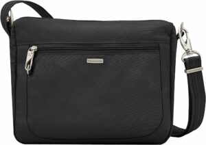 Travelon black bag with front zipper pocket and shoulder strap