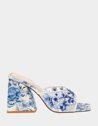 Women's white block heels with blue floral pattern from Betsey Johnson