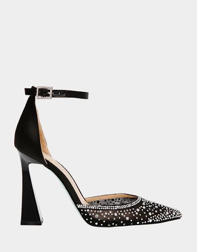 Women's black pointed toe heels with ankle strap and rhinestone detailing from Betsey Johnson