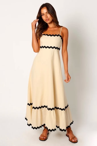 Women's tan maxi dress with spaghetti straps and black swirl detailing from Petal and Pup