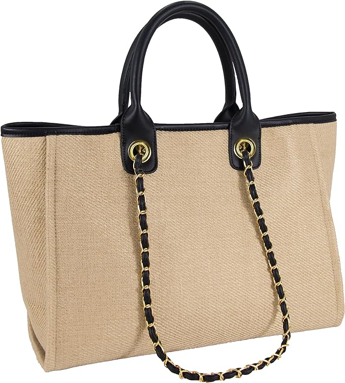 Hidora handwoven straw beach tote with removable chain in sand