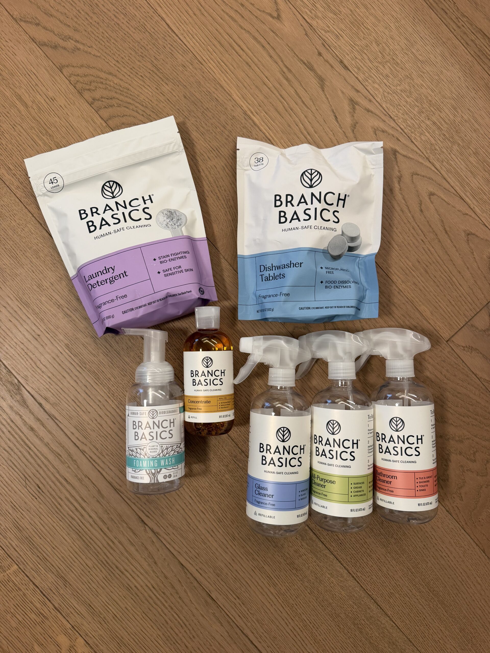 Branch Basics premium starter kit with laundry detergent, dishwasher tablets, foaming hand soap, concentrate, and refillable spray bottles